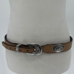 Vintage Concho Western Leather Belt Silver Buckle Tan Brown Women 36 USA 1996